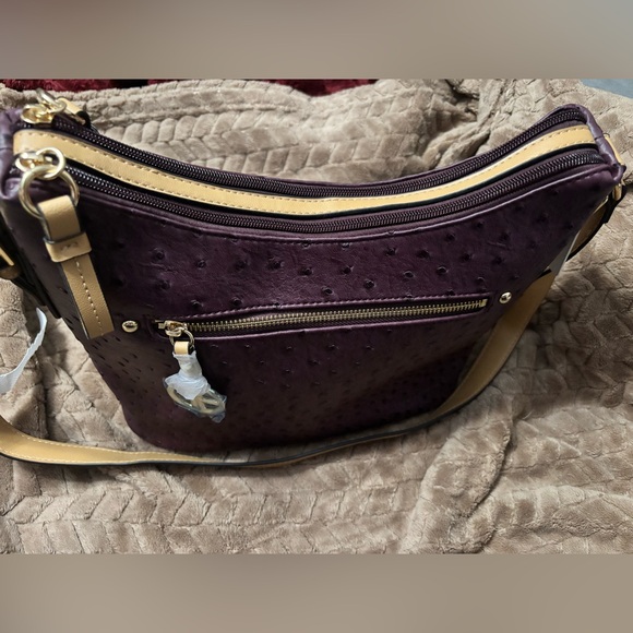 Giani Bernini Dark Purple Ostrich Embossed Hobo Handbag - Picture 7 of 11